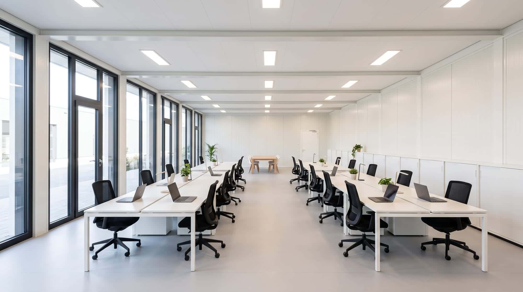 Sala diáfana formada por nueve módulos unidos, con cristalera en toda la fachada y puestos de trabajo.