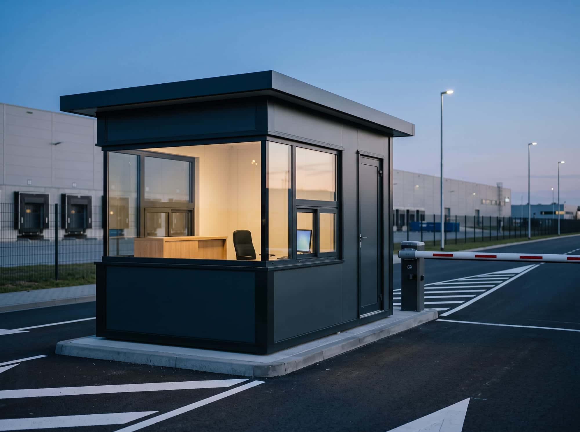 Caseta modular compacta con cristal a la entrada de un parque logístico, junto a una barrera.