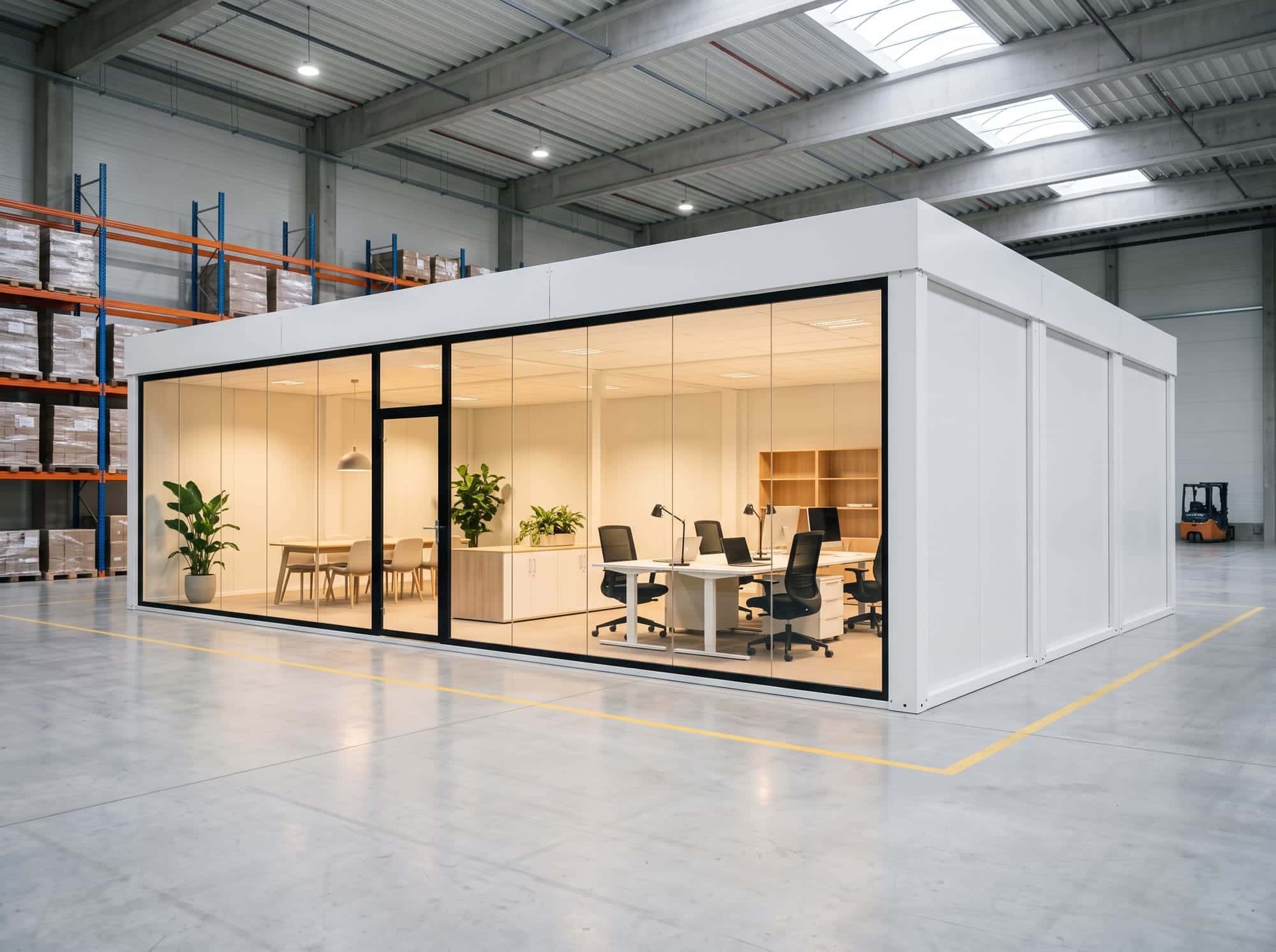 Cuatro módulos unidos dentro de una nave, con una cristalera en toda la fachada y oficinas en el interior.